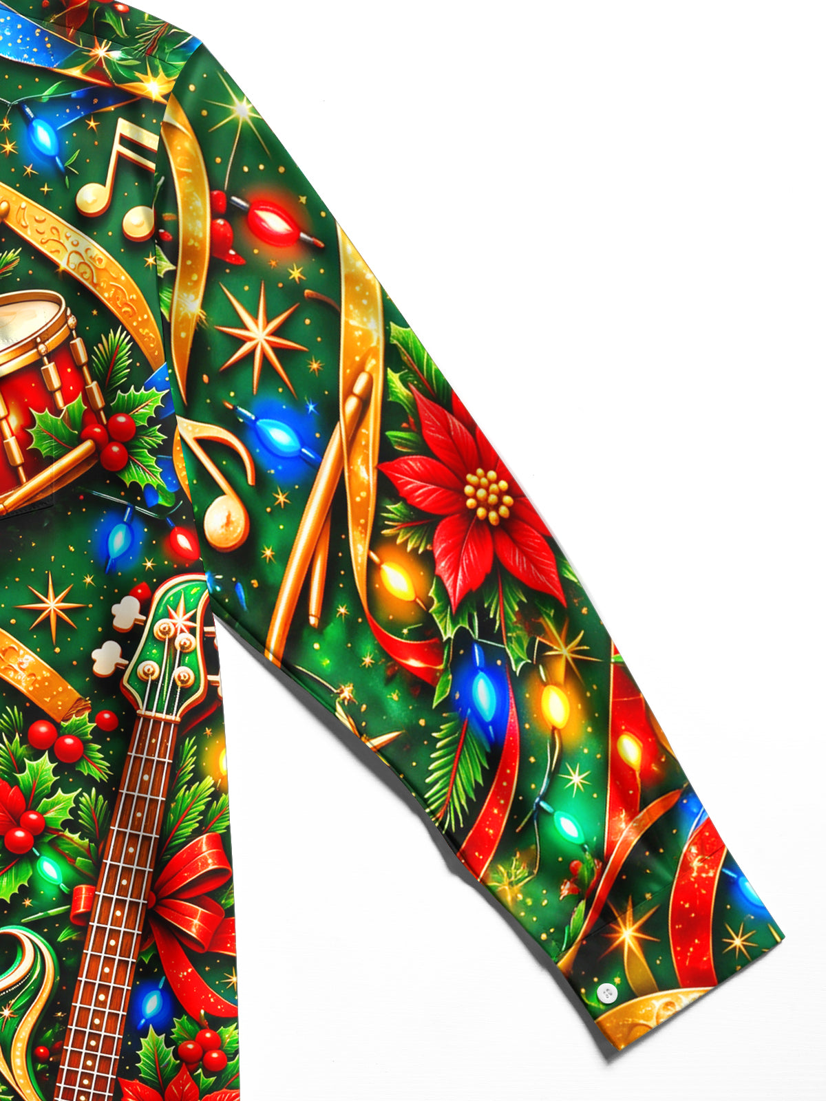 Adaychic Men's Long Sleeve Shirt - Bass Guitars And Drums With Christmas Motifs Print with Chest Pocket
