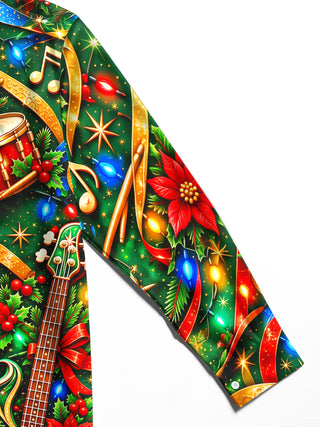 Adaychic Men's Long Sleeve Shirt - Bass Guitars And Drums With Christmas Motifs Print with Chest Pocket