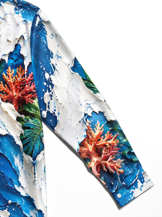Adaychic Men's Hawaiian Coral Reefs And Tropical Leaves Print Long Sleeve Shirt with Chest Pocket