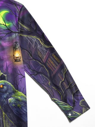 Adaychic Men's Graphic Gothic Castle Raven Secret Key Print Long Sleeve Shirt with Chest Pocket