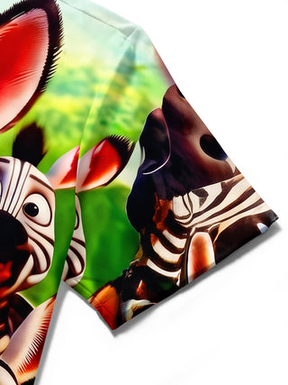 Adaychic Men's Graphic 3D Cartoon Zebra Faces Print Short Sleeve Button Down Shirt with Chest Pocket