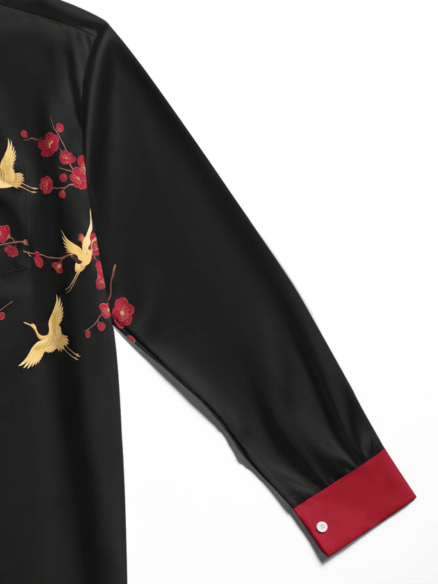 Adaychic Men's Printed Crane Birds And Plum Blossoms Print Long Sleeve Shirt with Chest Pocket