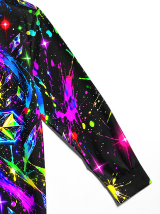 Adaychic Men's Neon Crystal Cross And Paint Splatters Print Long Sleeve Shirt with Chest Pocket