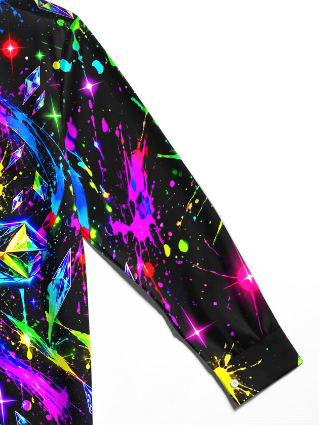 Adaychic Men's Neon Crystal Cross And Paint Splatters Print Long Sleeve Shirt with Chest Pocket