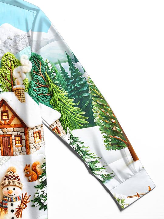 Adaychic Men's Printed Winter Snow Village Print Long Sleeve Shirt with Chest Pocket
