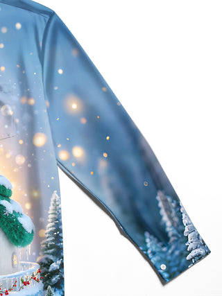 Adaychic Men's Long Sleeve Shirt - Winter Cabin With Snowy Christmas Tree Roof Print with Chest Pocket