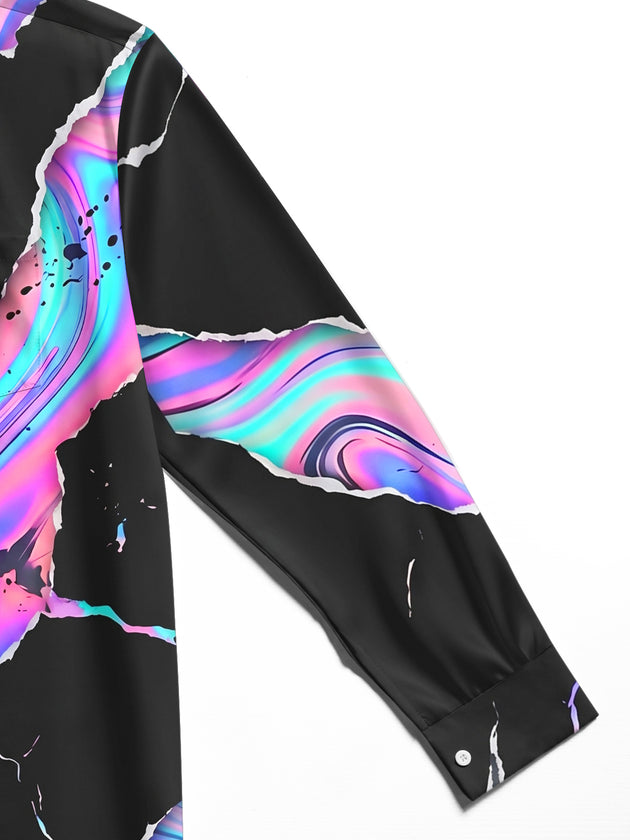 Adaychic Men's Long Sleeve Shirt - Abstract Psychedelic Swirls And Splatters Print with Chest Pocket