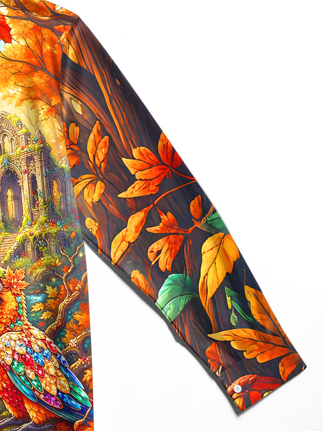 Adaychic Men's Graphic Parrots In Autumn Forest Print Long Sleeve Shirt with Chest Pocket