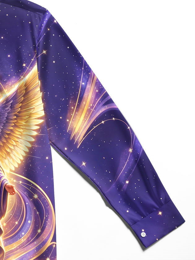 Adaychic Men's Angel Portrait With Wings And Staff Print Long Sleeve Shirt with Chest Pocket