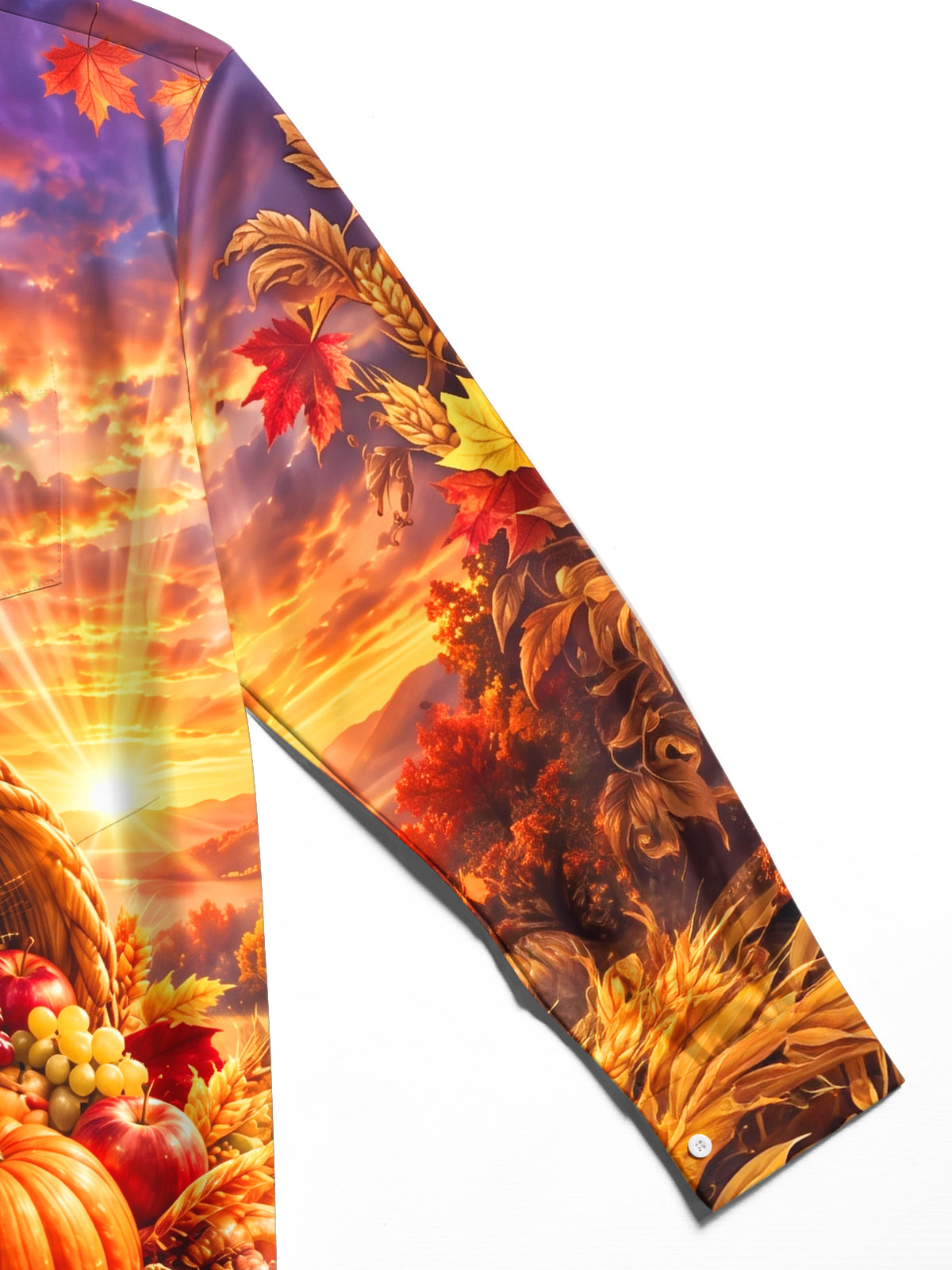 Adaychic Men's Long Sleeve Shirt - Thanksgiving Cornucopia With Pumpkins Grapes Apples Wheat And Autumn Leaves Print with Chest Pocket