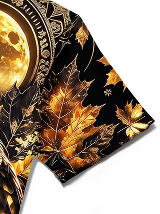 Adaychic Men's Hawaiian Owl And Moon With Maple Leaves Print Short Sleeve Shirt with Chest Pocket