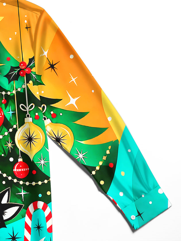 Adaychic Men's Graphic Christmas Fox Family Print Long Sleeve Shirt with Chest Pocket