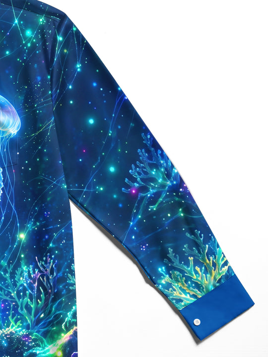 Adaychic Men's Hawaiian Neon Jellyfish And Coral Reef Print Long Sleeve Shirt with Chest Pocket