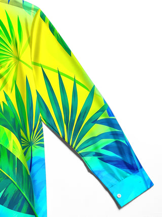 Adaychic Men's Tropical Palm Leaves And Plant Foliage Print Long Sleeve Shirt with Chest Pocket