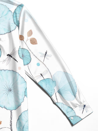 Adaychic Men's Blue Flower Dragonfly Print Long Sleeve Button Down Shirt with Chest Pocket