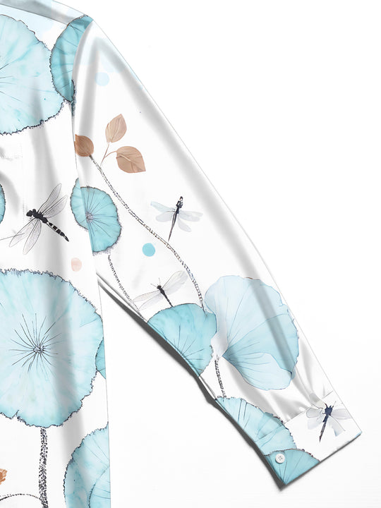 Adaychic Men's Blue Flower Dragonfly Print Long Sleeve Button Down Shirt with Chest Pocket