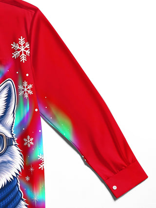 Adaychic Men's Arctic Fox With Goggles And Scarf Print Long Sleeve Shirt with Chest Pocket