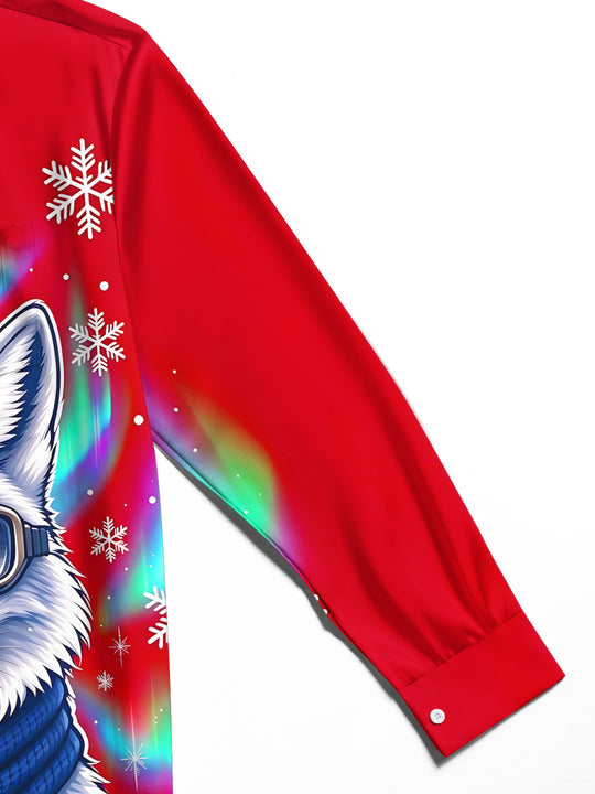 Adaychic Men's Arctic Fox With Goggles And Scarf Print Long Sleeve Shirt with Chest Pocket