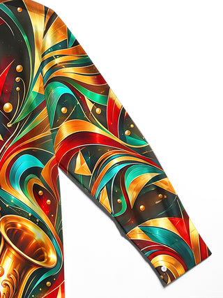 Adaychic Men's Long Sleeve Shirt - Saxophone And Abstract Geometric Patterns Print with Chest Pocket