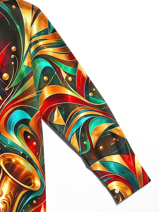 Adaychic Men's Long Sleeve Shirt - Saxophone And Abstract Geometric Patterns Print with Chest Pocket