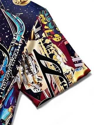 Adaychic Men's Graphic Saxophone Instruments Print Short Sleeve Shirt with Chest Pocket