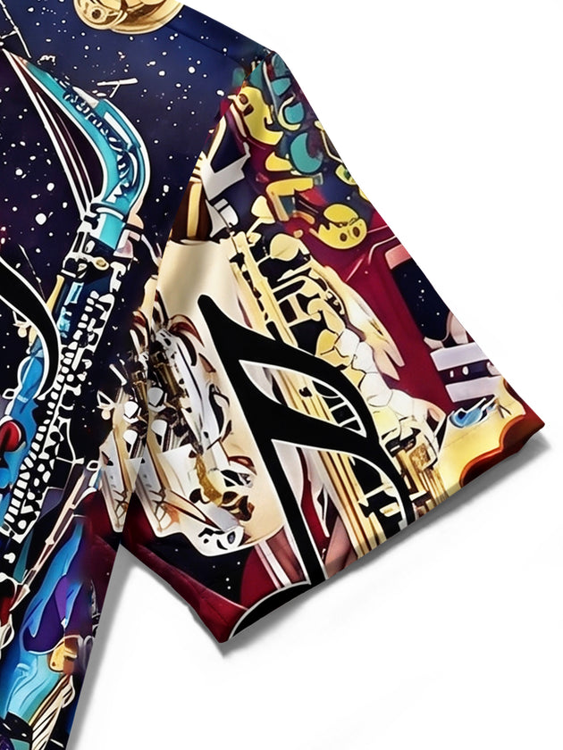 Adaychic Men's Graphic Saxophone Instruments Print Short Sleeve Shirt with Chest Pocket