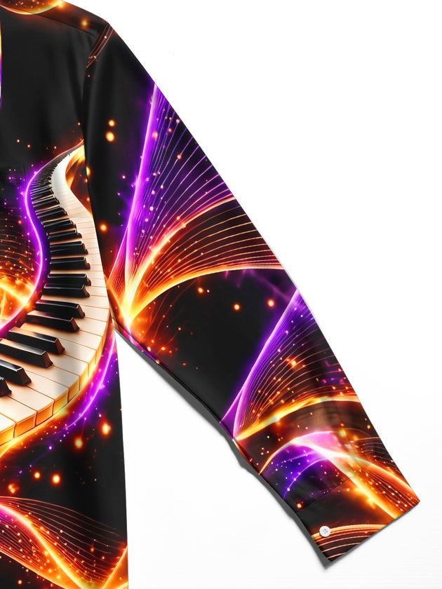 Adaychic Men's Abstract Piano Keys And Neon Light Waves Print Long Sleeve Shirt with Chest Pocket
