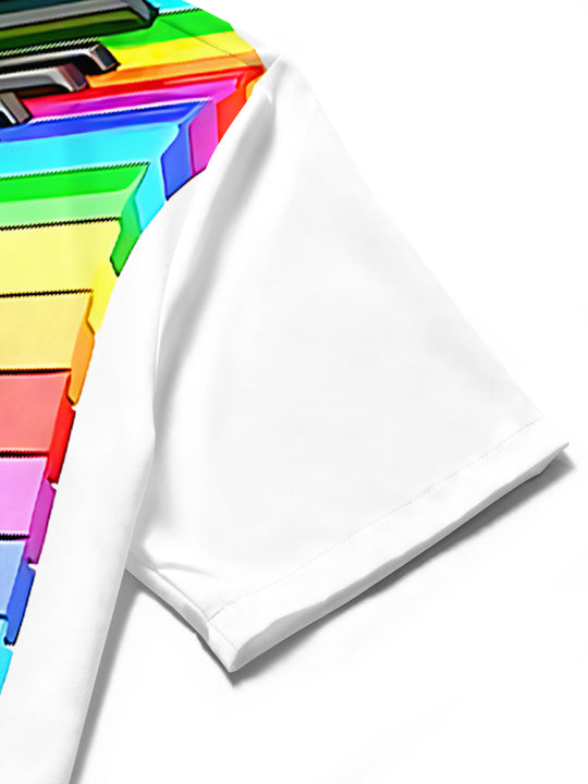Adaychic Men's Graphic Rainbow Piano Keys Print Short Sleeve Shirt with Chest Pocket