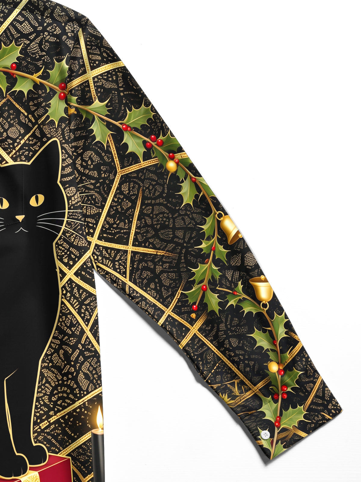 Adaychic Men's Graphic Holly And Bells Print Holly Print Long Sleeve Shirt with Chest Pocket