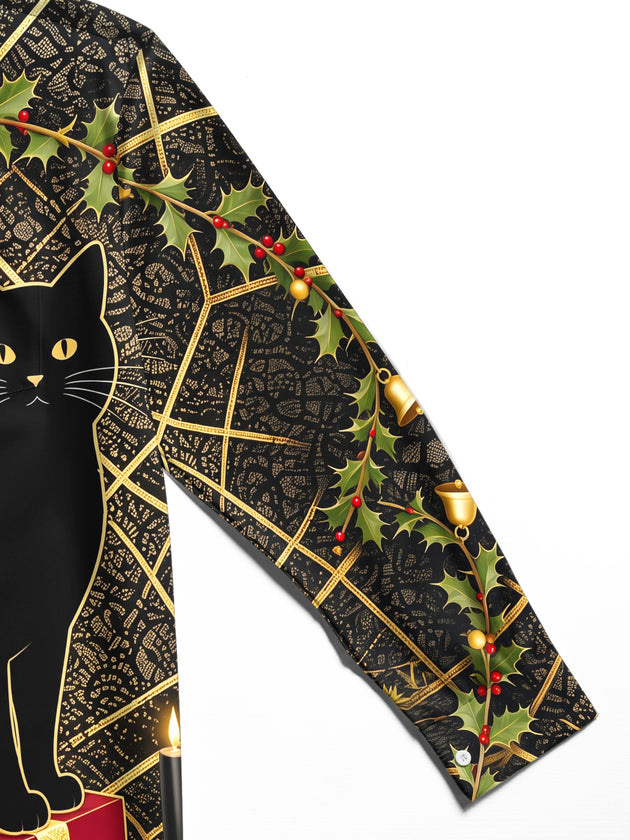 Adaychic Men's Graphic Holly And Bells Print Holly Print Long Sleeve Shirt with Chest Pocket