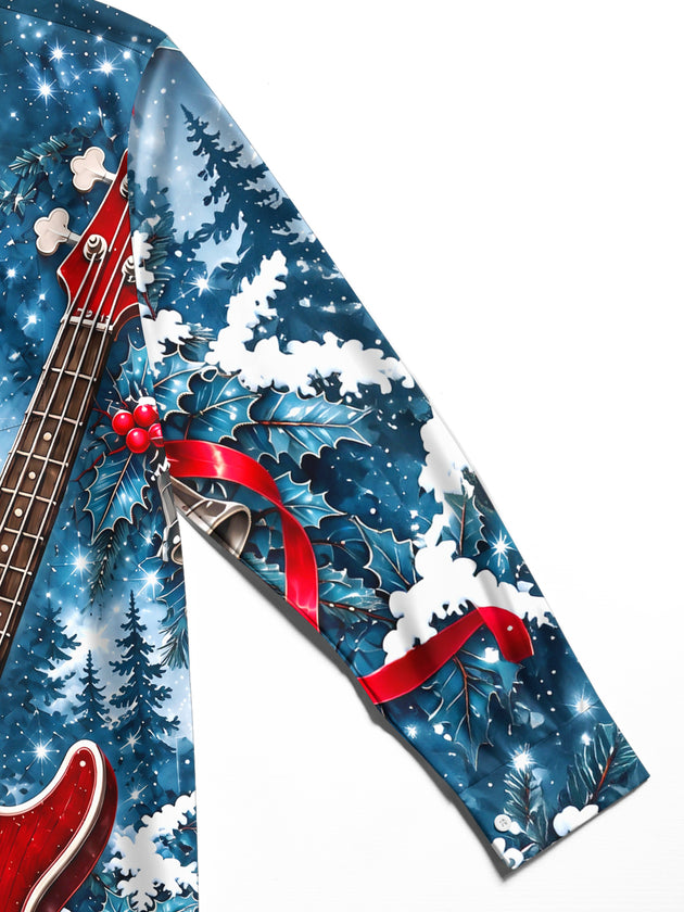 Adaychic Men's Long Sleeve Shirt - Christmas Snowy Forest And Holly Print Red Bass Guitar Print with Chest Pocket