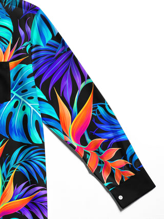 Adaychic Men's Long Sleeve Shirt - Tropical Leaves And Bird Of Paradise Flowers Print with Chest Pocket