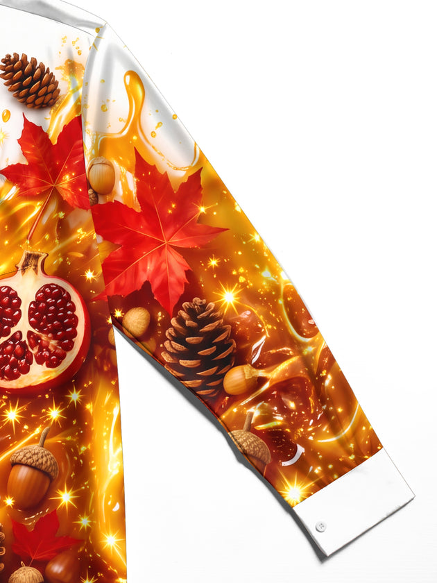 Adaychic Men's Printed Autumn Pumpkin And Pomegranate Print Long Sleeve Shirt with Chest Pocket