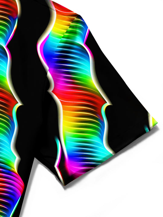 Adaychic Men's Retro Rainbow Wavy Lines Print Short Sleeve Shirt with Chest Pocket