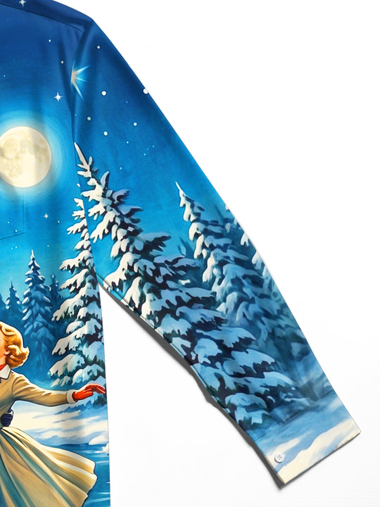Adaychic Men's Vintage Style Vintage Couple Ice Skating Print Long Sleeve Shirt with Chest Pocket
