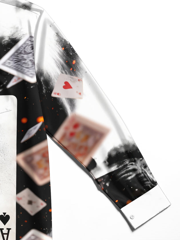 Adaychic Men's Graphic Playing Cards And Ace Of Spades Print Long Sleeve Shirt with Chest Pocket