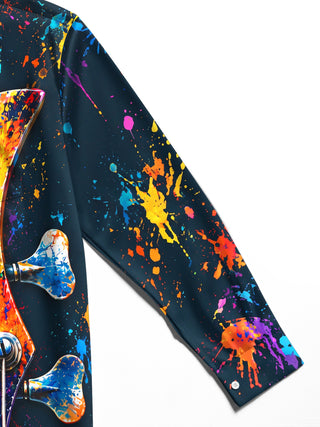 Adaychic Men's Long Sleeve Shirt - Bass Guitar Headstock With Paint Splatter Print with Chest Pocket