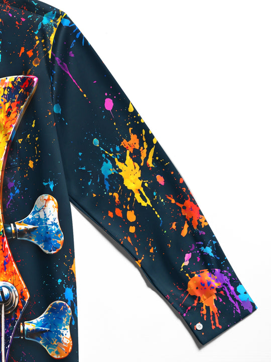 Adaychic Men's Long Sleeve Shirt - Bass Guitar Headstock With Paint Splatter Print with Chest Pocket