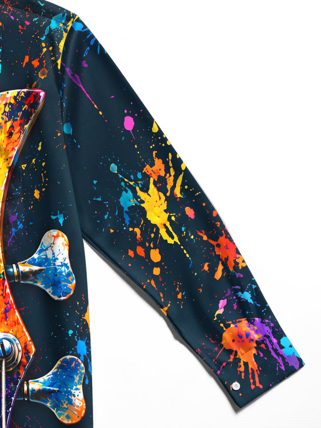 Adaychic Men's Long Sleeve Shirt - Bass Guitar Headstock With Paint Splatter Print with Chest Pocket