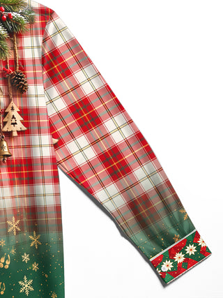 Adaychic Men's Long Sleeve Shirt - Christmas Plaid With Pine Branches And Ornaments Print with Chest Pocket