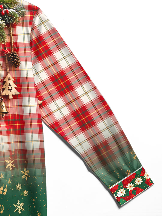 Adaychic Men's Long Sleeve Shirt - Christmas Plaid With Pine Branches And Ornaments Print with Chest Pocket