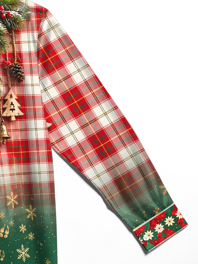 Adaychic Men's Long Sleeve Shirt - Christmas Plaid With Pine Branches And Ornaments Print with Chest Pocket