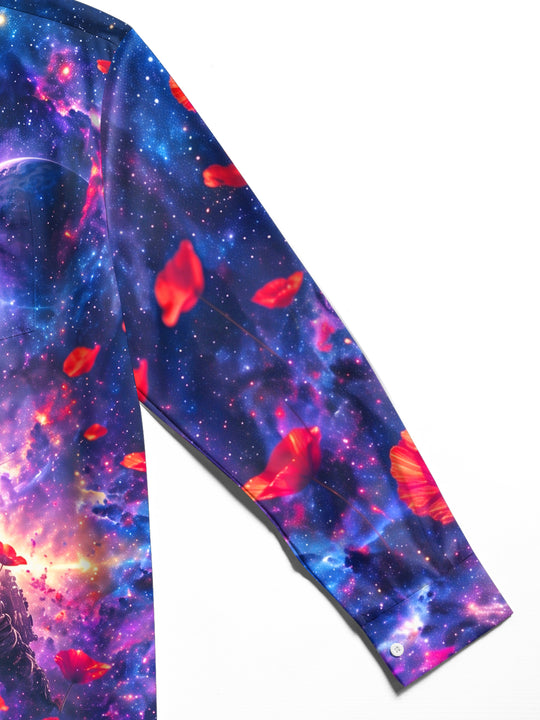 Adaychic Men's Long Sleeve Shirt - Soldier Silhouette And Red Poppies Against Galaxy Background Print with Chest Pocket