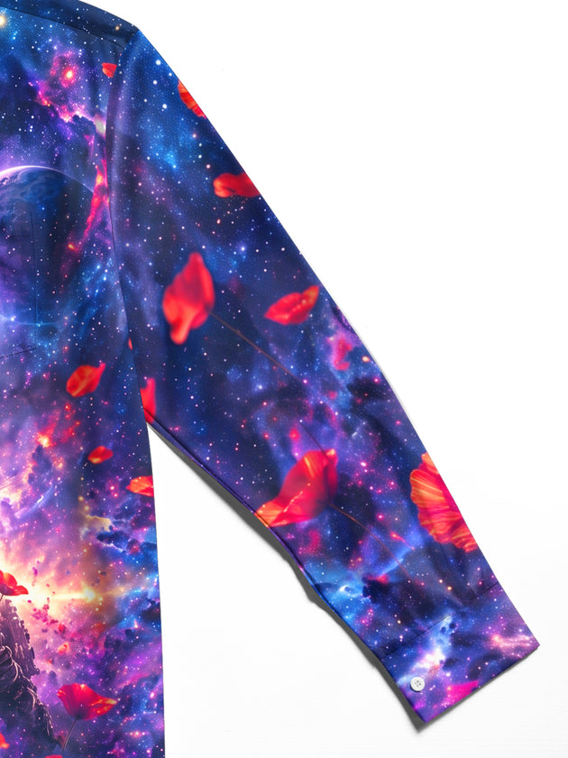 Adaychic Men's Long Sleeve Shirt - Soldier Silhouette And Red Poppies Against Galaxy Background Print with Chest Pocket