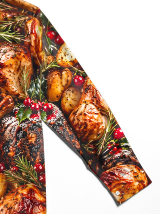 Adaychic Men's Long Sleeve Shirt - Christmas Roast Turkey And Cranberries With Rosemary Print with Chest Pocket
