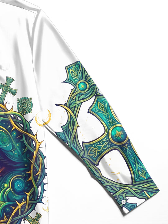 Adaychic Men's Long Sleeve Shirt - All-seeing Eye With Thorn Crown And Crosses Print with Chest Pocket