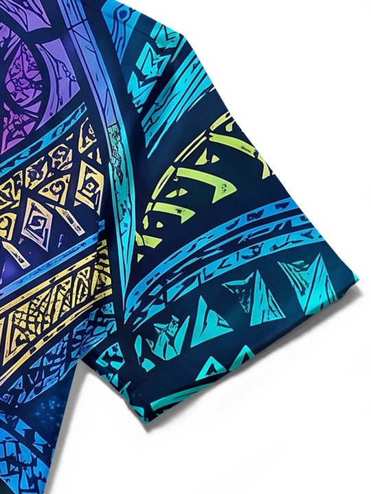 Adaychic Men's Graphic Colorful Geometric Totem Print Short Sleeve Shirt with Chest Pocket
