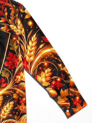 Adaychic Men's Long Sleeve Shirt - Thanksgiving Harvest Cornucopia With Wheat And Acorns Print with Chest Pocket