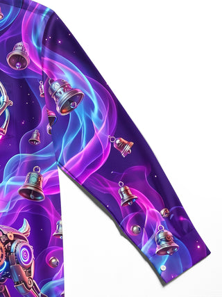 Adaychic Men's Long Sleeve Shirt - Cyberpunk Mechanical Reindeer And Christmas Bells Print with Chest Pocket