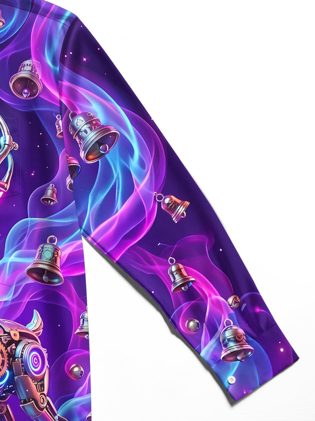 Adaychic Men's Long Sleeve Shirt - Cyberpunk Mechanical Reindeer And Christmas Bells Print with Chest Pocket